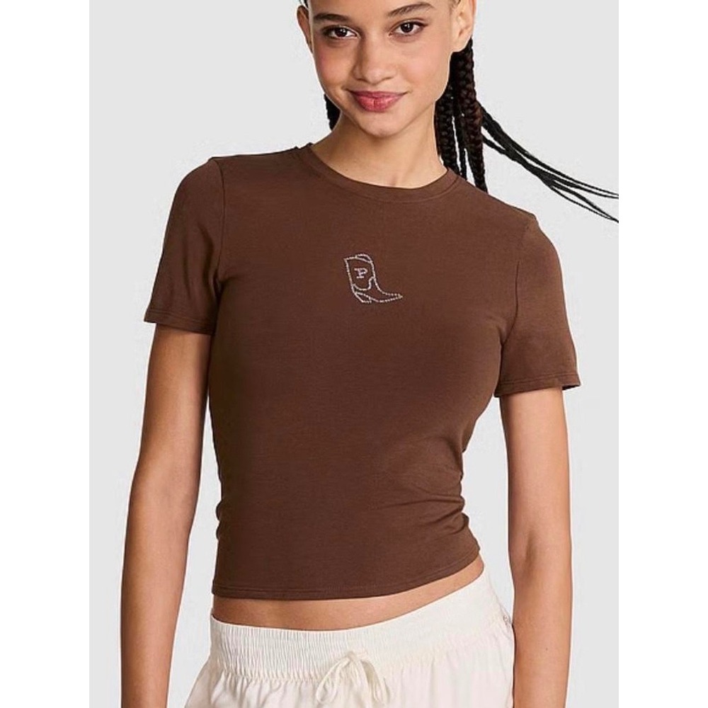 Pink Victoria's Secret T-Shirt Women Large Brown Rhinestone Cowboy Boot Baby Tee